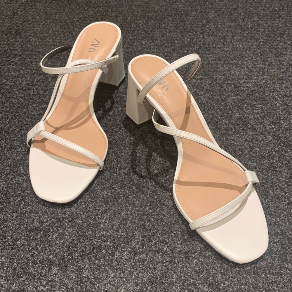 Zara Strappy White Block Heel Mules